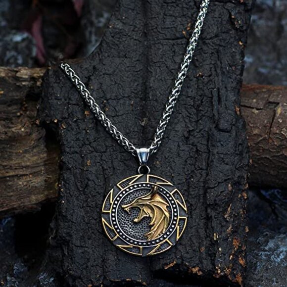Stainless Steel Wolf Pendant Necklace Men's Viking Medallion Jewelry Gift - Picture 3 of 7